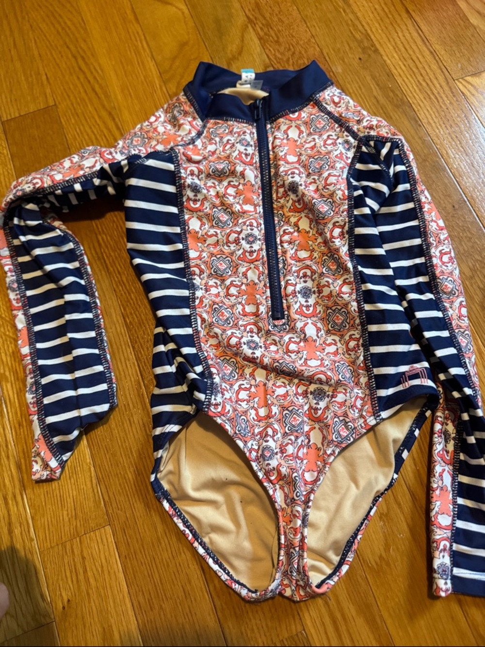Cabana Life Girls' Navy & Coral Long-Sleeve One-Piece Swim